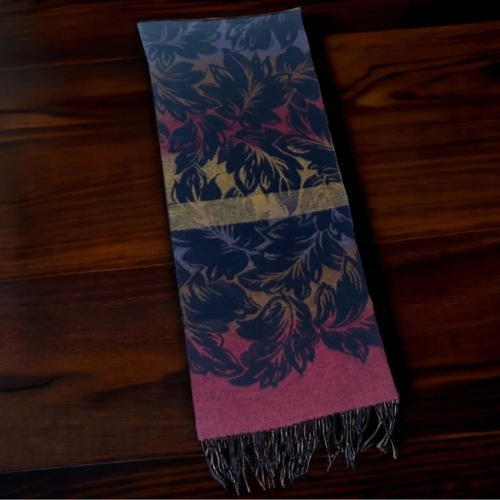Scarf Boho Nice and Soft Leaf Print with Fringe in Beautiful Fall Colors OS